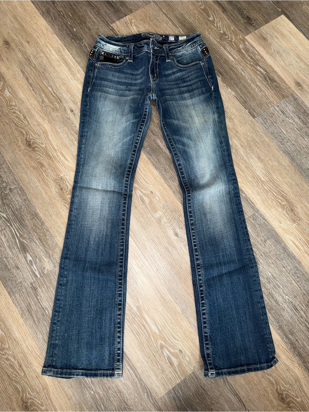 Miss Me Dark Blue Flare Jeans with Studded Pocket Trim